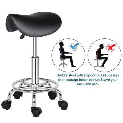 Black Height Adjustable Saddle Stool Rolling Bar Stool Salon Chair, Workshop Home Office Use