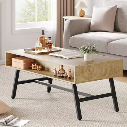 GustoWave Wood Center Table, Mid Century Modern Coffee Table with Drawer & Open Shelf for Living Room, Nature Wood