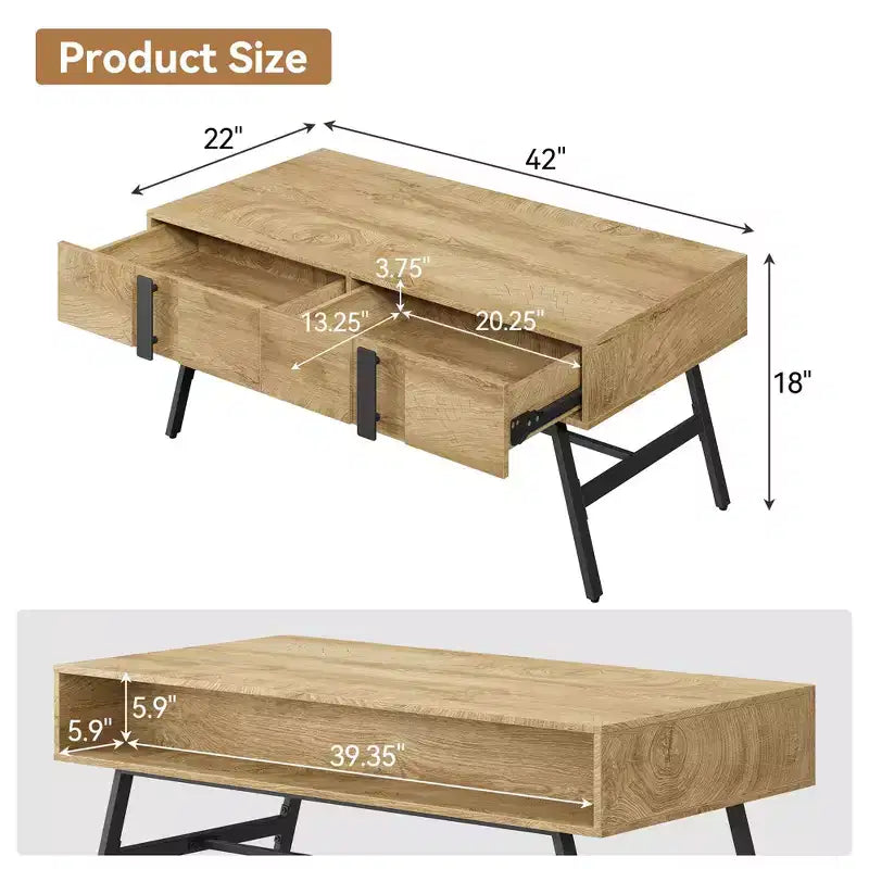 Table basse GustoWave en bois, Table basse de salon Mid-Century Modern avec tiroir et étagère ouverte, Bois naturel
