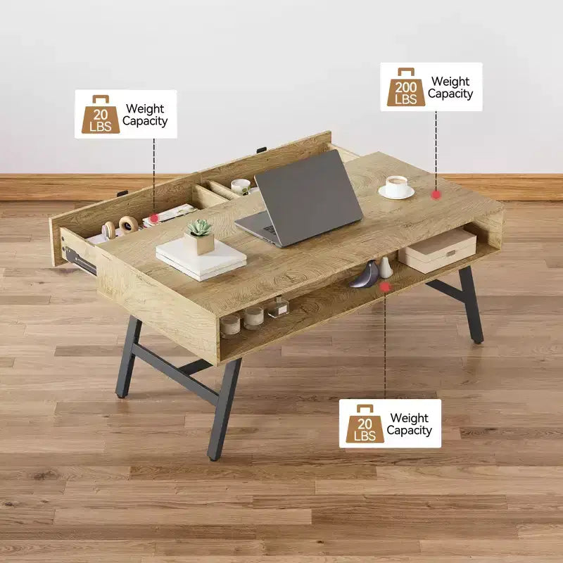 Table basse GustoWave en bois, Table basse de salon Mid-Century Modern avec tiroir et étagère ouverte, Bois naturel