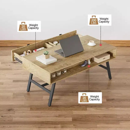 Table basse GustoWave en bois, Table basse de salon Mid-Century Modern avec tiroir et étagère ouverte, Bois naturel