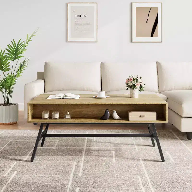 Table basse GustoWave en bois, Table basse de salon Mid-Century Modern avec tiroir et étagère ouverte, Bois naturel