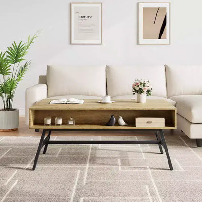 Table basse GustoWave en bois, Table basse de salon Mid-Century Modern avec tiroir et étagère ouverte, Bois naturel
