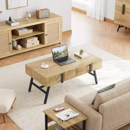 Table basse GustoWave en bois, Table basse de salon Mid-Century Modern avec tiroir et étagère ouverte, Bois naturel