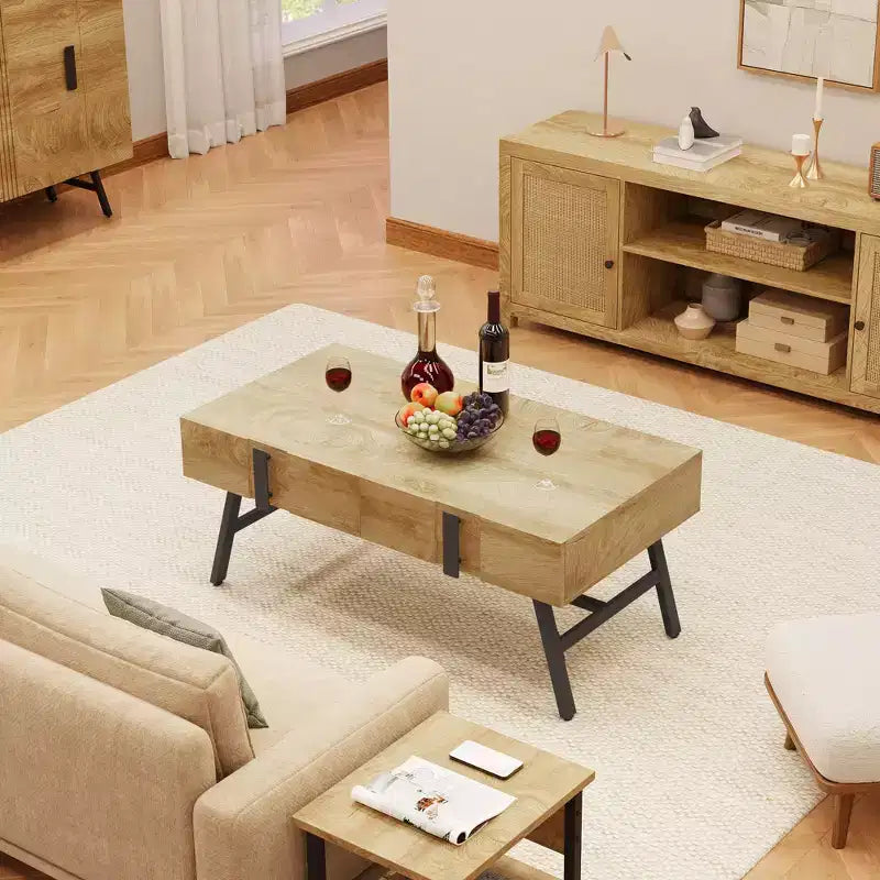 Table basse GustoWave en bois, Table basse de salon Mid-Century Modern avec tiroir et étagère ouverte, Bois naturel