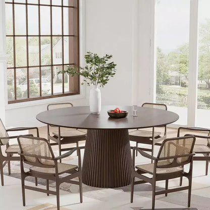 PexFix 60 Round Dining Table for 6 People Modern Pedestal Table with Fluted Cone Base & Wood MDF Top for Small Space Kitchen Dining Room Cafe Walnut