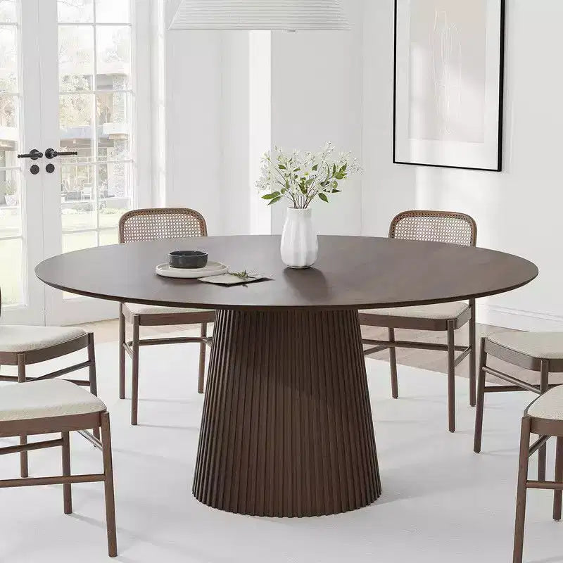 PexFix Table de salle à manger ronde 60" pour 6 personnes, table à pied central moderne avec base conique cannelée et plateau en MDF de bois pour petite cuisine, salle à manger, café Noyer