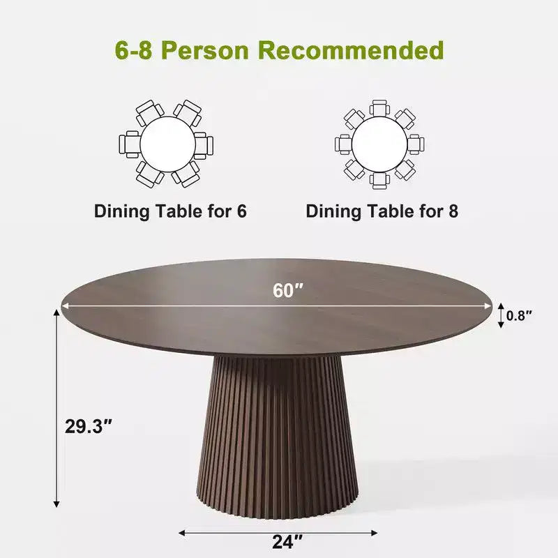 PexFix Table de salle à manger ronde 60" pour 6 personnes, table à pied central moderne avec base conique cannelée et plateau en MDF de bois pour petite cuisine, salle à manger, café Noyer