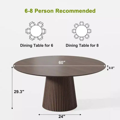 PexFix Table de salle à manger ronde 60" pour 6 personnes, table à pied central moderne avec base conique cannelée et plateau en MDF de bois pour petite cuisine, salle à manger, café Noyer