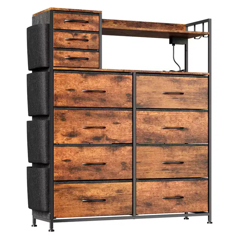 55 Storage Cabinet Dresser with 8+3 Fabric Drawers, 4 Side Pockets, LED Lights & Charging Station for Bedroom