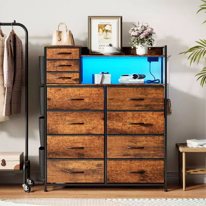 55 Storage Cabinet Dresser with 8+3 Fabric Drawers, 4 Side Pockets, LED Lights & Charging Station for Bedroom
