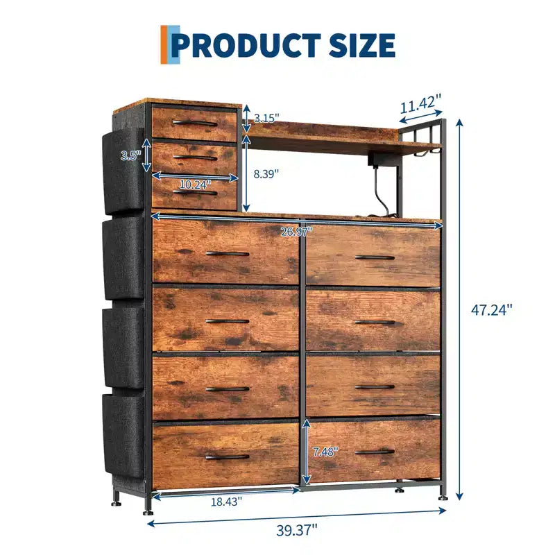 55 Storage Cabinet Dresser with 8+3 Fabric Drawers, 4 Side Pockets, LED Lights & Charging Station for Bedroom