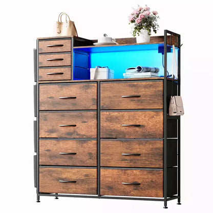 55 Storage Cabinet Dresser with 8+3 Fabric Drawers, 4 Side Pockets, LED Lights & Charging Station for Bedroom