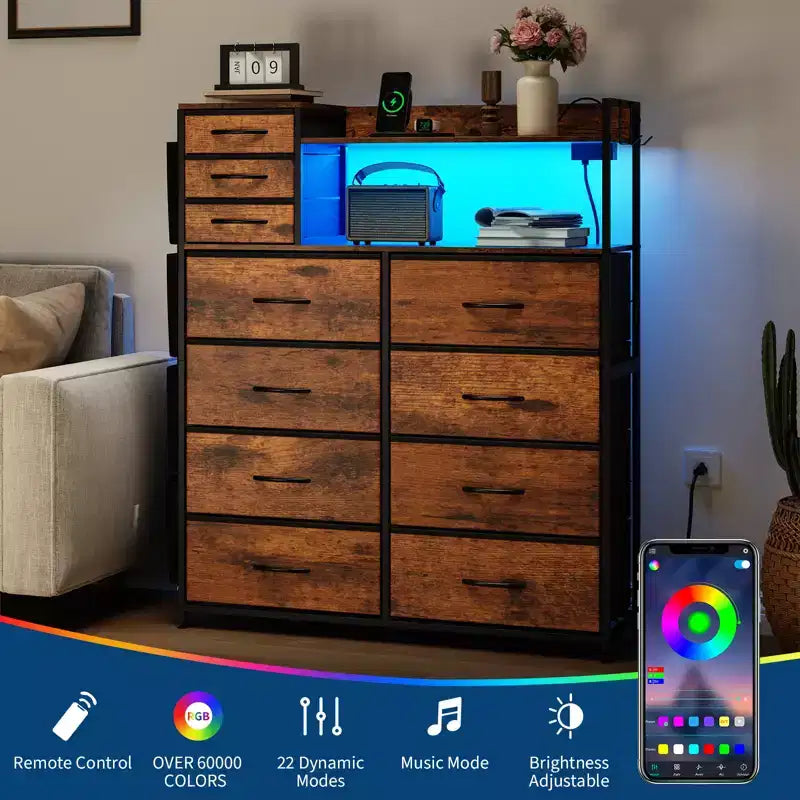 55 Storage Cabinet Dresser with 8+3 Fabric Drawers, 4 Side Pockets, LED Lights & Charging Station for Bedroom