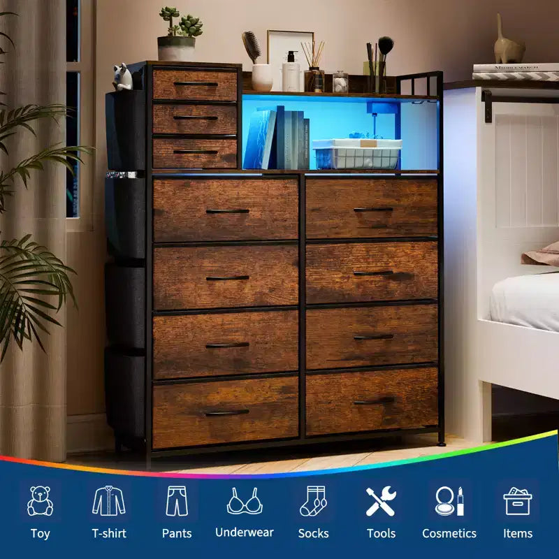 55 Storage Cabinet Dresser with 8+3 Fabric Drawers, 4 Side Pockets, LED Lights & Charging Station for Bedroom