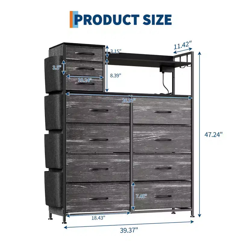 55 Storage Cabinet Dresser with 8+3 Fabric Drawers, 4 Side Pockets, LED Lights & Charging Station for Bedroom