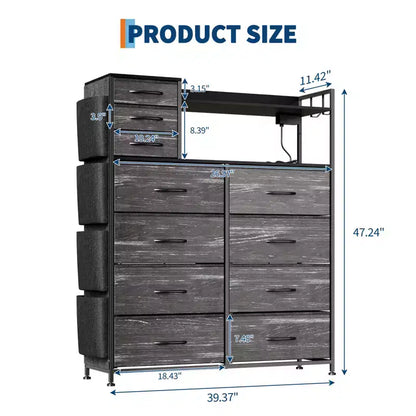 55 Storage Cabinet Dresser with 8+3 Fabric Drawers, 4 Side Pockets, LED Lights & Charging Station for Bedroom