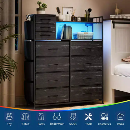 55 Storage Cabinet Dresser with 8+3 Fabric Drawers, 4 Side Pockets, LED Lights & Charging Station for Bedroom