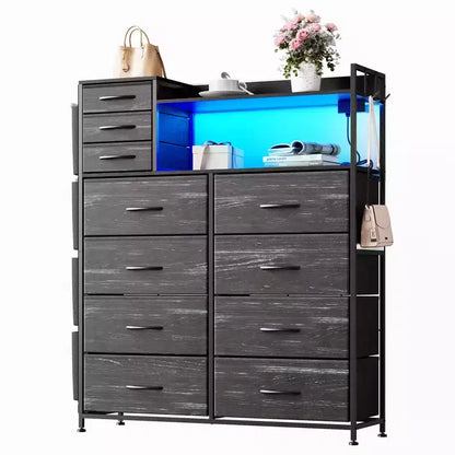 55 Storage Cabinet Dresser with 8+3 Fabric Drawers, 4 Side Pockets, LED Lights & Charging Station for Bedroom