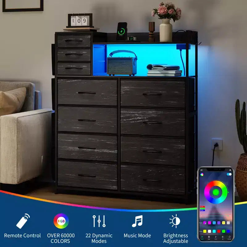 55 Storage Cabinet Dresser with 8+3 Fabric Drawers, 4 Side Pockets, LED Lights & Charging Station for Bedroom