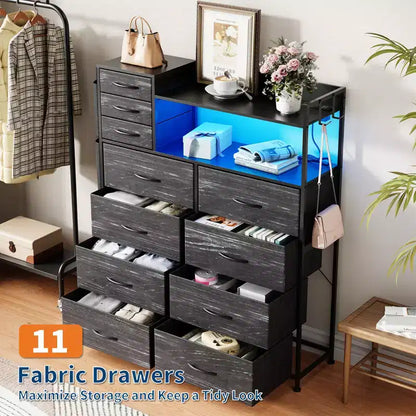 55 Storage Cabinet Dresser with 8+3 Fabric Drawers, 4 Side Pockets, LED Lights & Charging Station for Bedroom