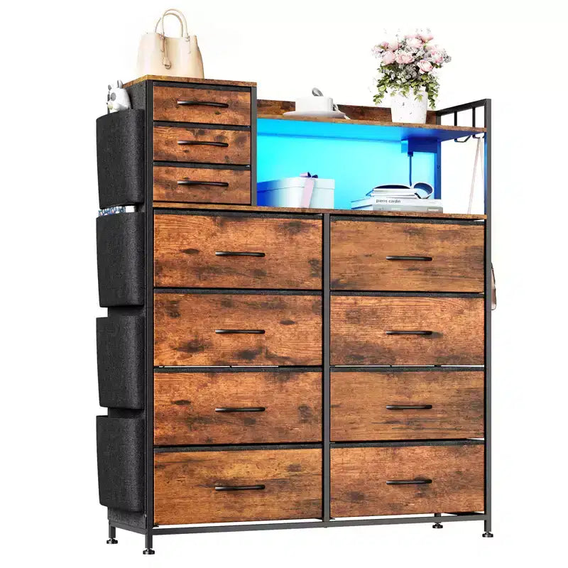 55 Storage Cabinet Dresser with 8+3 Fabric Drawers, 4 Side Pockets, LED Lights & Charging Station for Bedroom