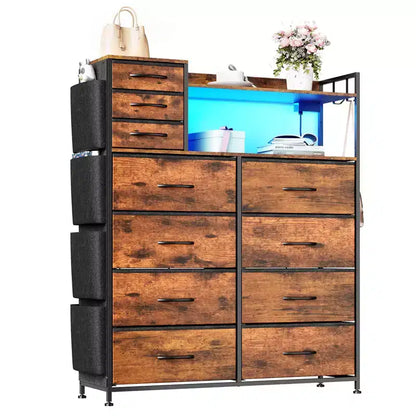 55 Storage Cabinet Dresser with 8+3 Fabric Drawers, 4 Side Pockets, LED Lights & Charging Station for Bedroom