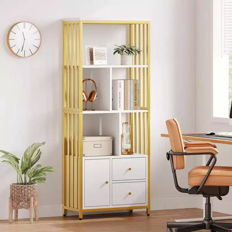 62 Gold Bookshelf 3 Drawers & Door, 4-Tier White Gold Bookcase with Metal Frame, Floor Standing Display Storage Cabinet