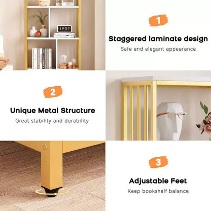 62 Gold Bookshelf 3 Drawers & Door, 4-Tier White Gold Bookcase with Metal Frame, Floor Standing Display Storage Cabinet
