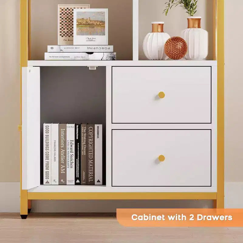 62 Gold Bookshelf 3 Drawers & Door, 4-Tier White Gold Bookcase with Metal Frame, Floor Standing Display Storage Cabinet