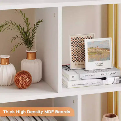 62 Gold Bookshelf 3 Drawers & Door, 4-Tier White Gold Bookcase with Metal Frame, Floor Standing Display Storage Cabinet