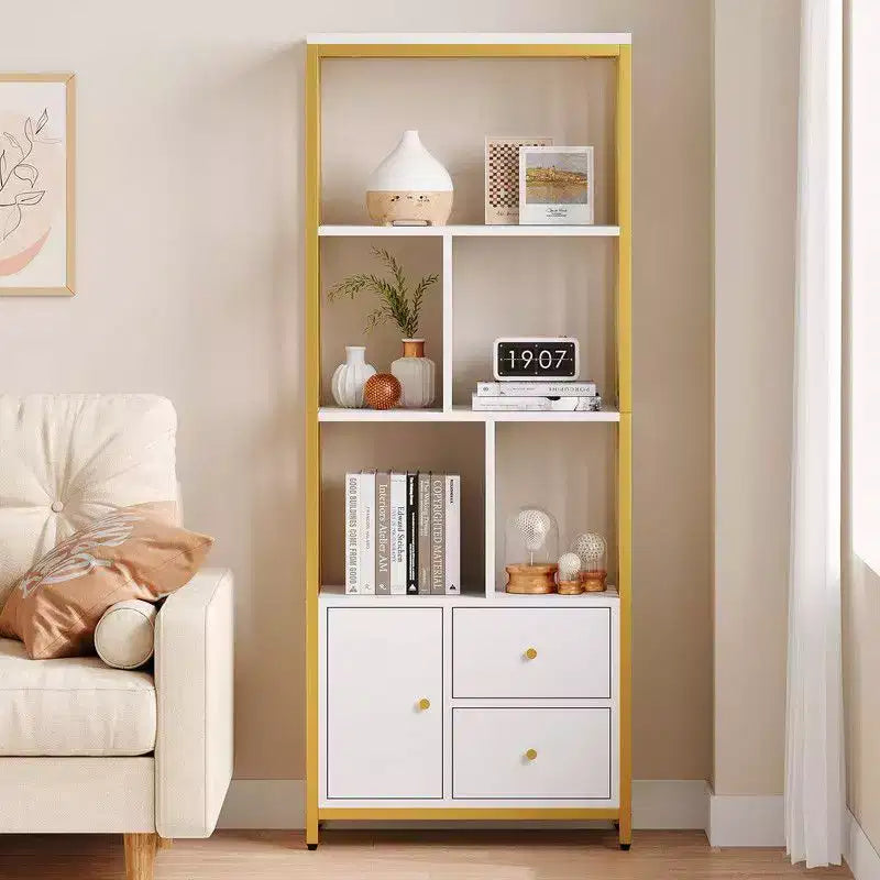 62 Gold Bookshelf 3 Drawers & Door, 4-Tier White Gold Bookcase with Metal Frame, Floor Standing Display Storage Cabinet