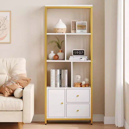 62 Gold Bookshelf 3 Drawers & Door, 4-Tier White Gold Bookcase with Metal Frame, Floor Standing Display Storage Cabinet
