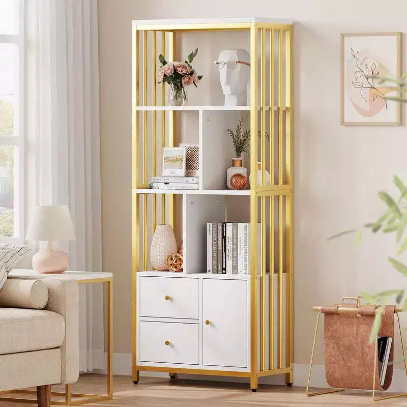 62 Gold Bookshelf 3 Drawers & Door, 4-Tier White Gold Bookcase with Metal Frame, Floor Standing Display Storage Cabinet