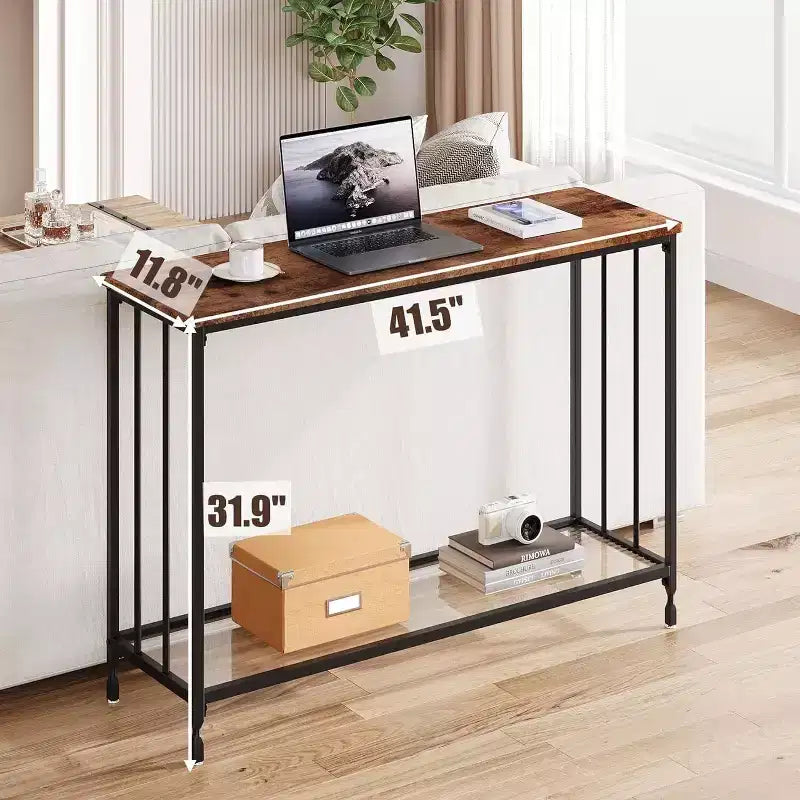Coolmee 41.5 inch Industrial Console Table, Narrow Entryway Table with Glass Shelf and Metal Frame, Behind Couch Table for Hallway, Living Room