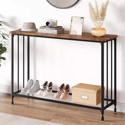 Coolmee 41.5 inch Industrial Console Table, Narrow Entryway Table with Glass Shelf and Metal Frame, Behind Couch Table for Hallway, Living Room