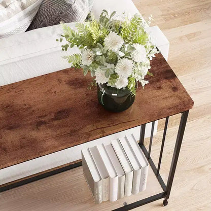 Coolmee 41.5 inch Industrial Console Table, Narrow Entryway Table with Glass Shelf and Metal Frame, Behind Couch Table for Hallway, Living Room