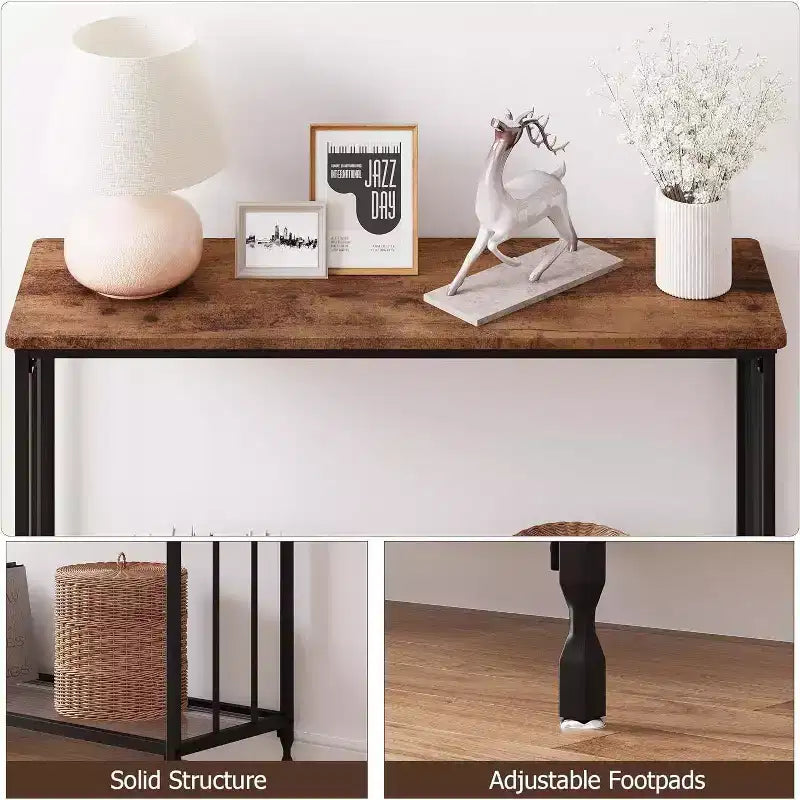 Coolmee 41.5 inch Industrial Console Table, Narrow Entryway Table with Glass Shelf and Metal Frame, Behind Couch Table for Hallway, Living Room
