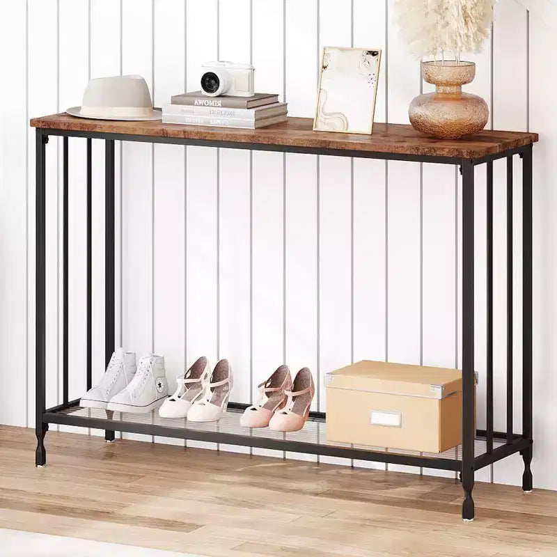 Coolmee 41.5 inch Industrial Console Table, Narrow Entryway Table with Glass Shelf and Metal Frame, Behind Couch Table for Hallway, Living Room