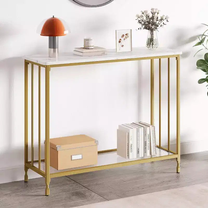 Coolmee 41.5 inch Industrial Console Table, Narrow Entryway Table with Glass Shelf and Metal Frame, Behind Couch Table for Hallway, Living Room