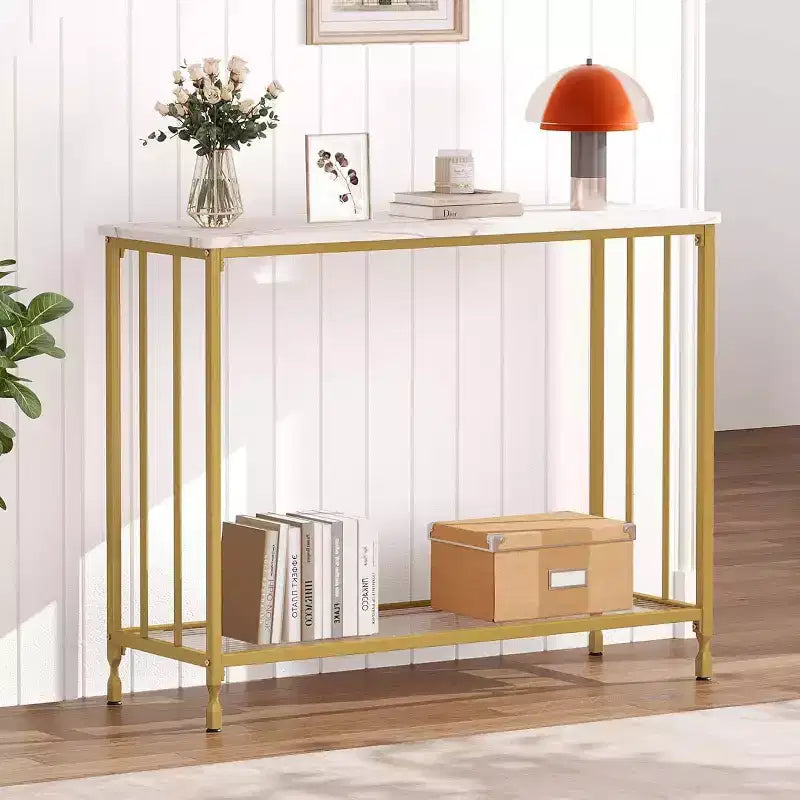 Coolmee 41.5 inch Industrial Console Table, Narrow Entryway Table with Glass Shelf and Metal Frame, Behind Couch Table for Hallway, Living Room