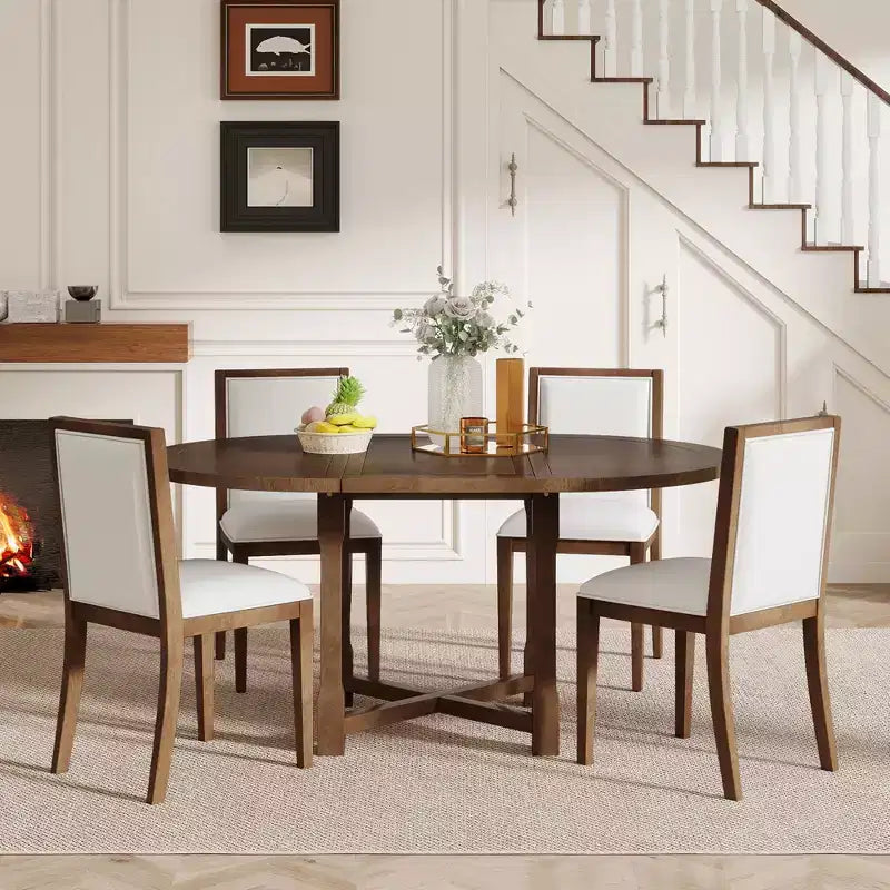 GDFStudio Judith 5 Piece Dining Set with Extendable Round Table and Upholstered Chairs