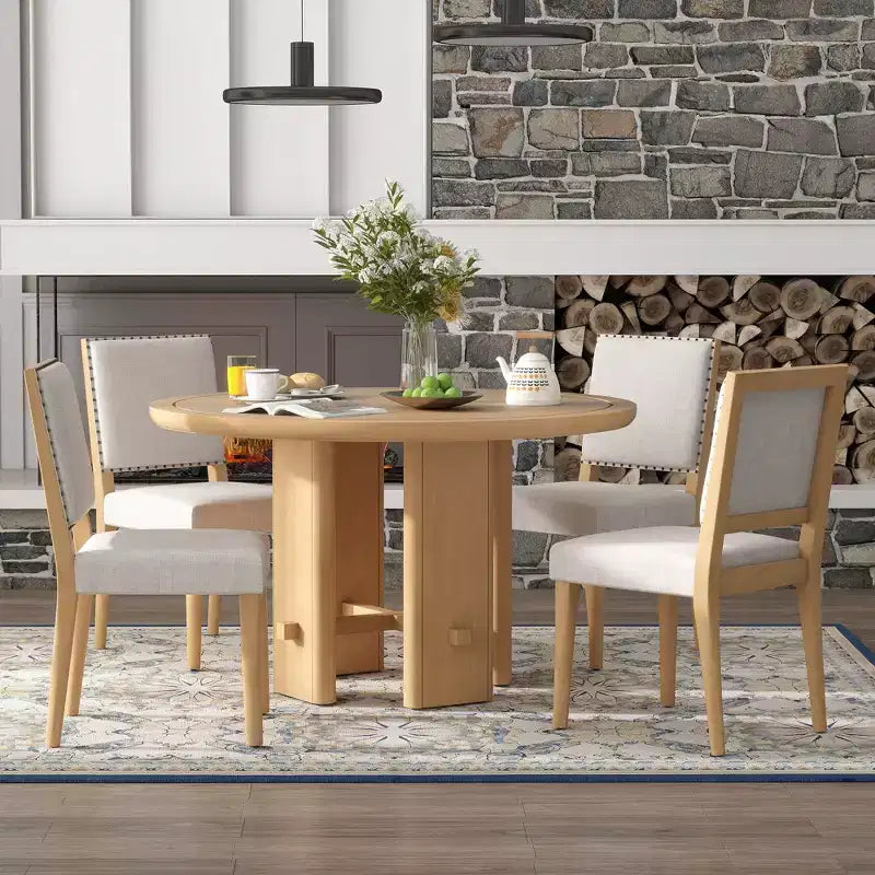 GDFStudio Katte 5 Piece Dining Table Set with Round Solid Wood Dining Table and Upholstered Chairs
