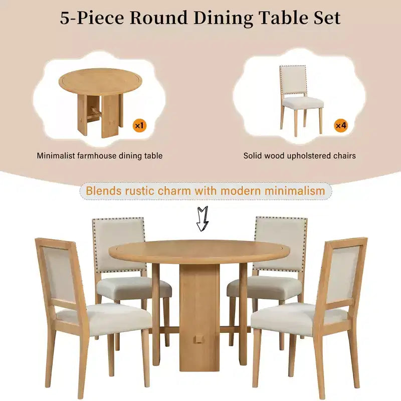 GDFStudio Katte 5 Piece Dining Table Set with Round Solid Wood Dining Table and Upholstered Chairs