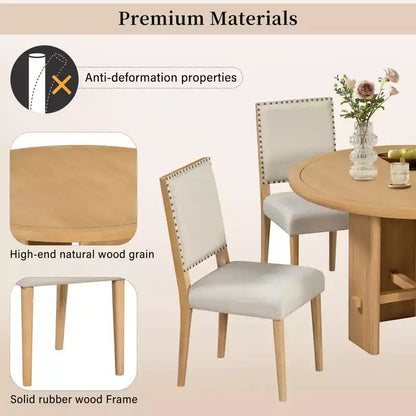 GDFStudio Katte 5 Piece Dining Table Set with Round Solid Wood Dining Table and Upholstered Chairs