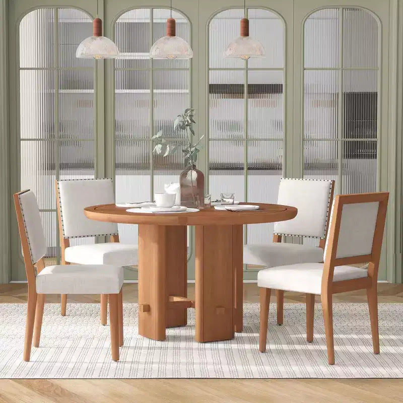 GDFStudio Katte 5 Piece Dining Table Set with Round Solid Wood Dining Table and Upholstered Chairs