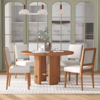 GDFStudio Katte 5 Piece Dining Table Set with Round Solid Wood Dining Table and Upholstered Chairs
