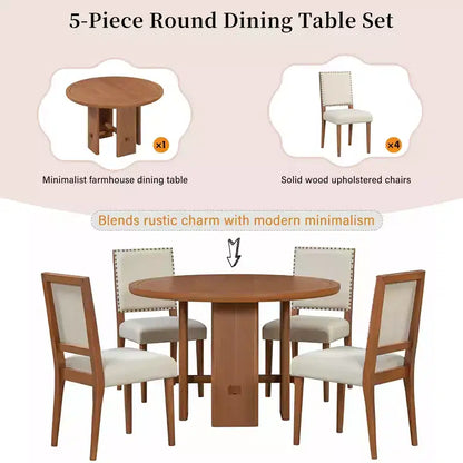 GDFStudio Katte 5 Piece Dining Table Set with Round Solid Wood Dining Table and Upholstered Chairs