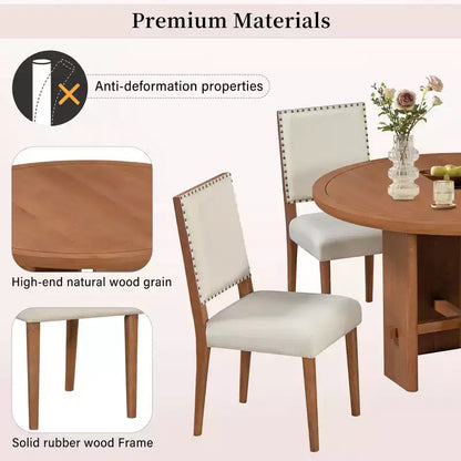 GDFStudio Katte 5 Piece Dining Table Set with Round Solid Wood Dining Table and Upholstered Chairs