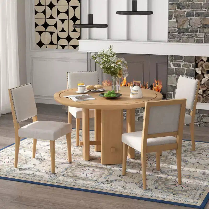 GDFStudio Katte 5 Piece Dining Table Set with Round Solid Wood Dining Table and Upholstered Chairs